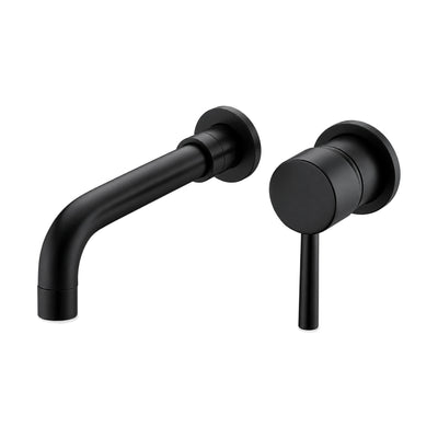 Matte Black — Two-piece wall mount bathroom faucet with curved tube spout and thin pin lever valve on round rosettes — SANIKB DL-01 410-BK