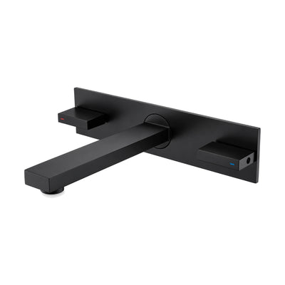 Matte black two-handle wall mount bathroom faucet with square spout on a long rectangular backplate — SANIKB DL-01 413-BK