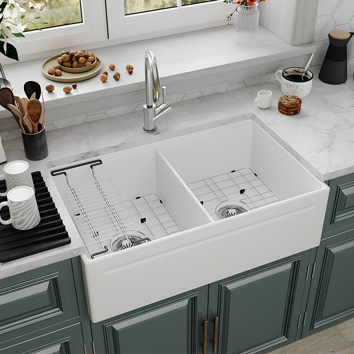 33 Inch Double Farmhouse Sink with Drainboard – Black Apron Front Kitchen Sink | SN101W3320D