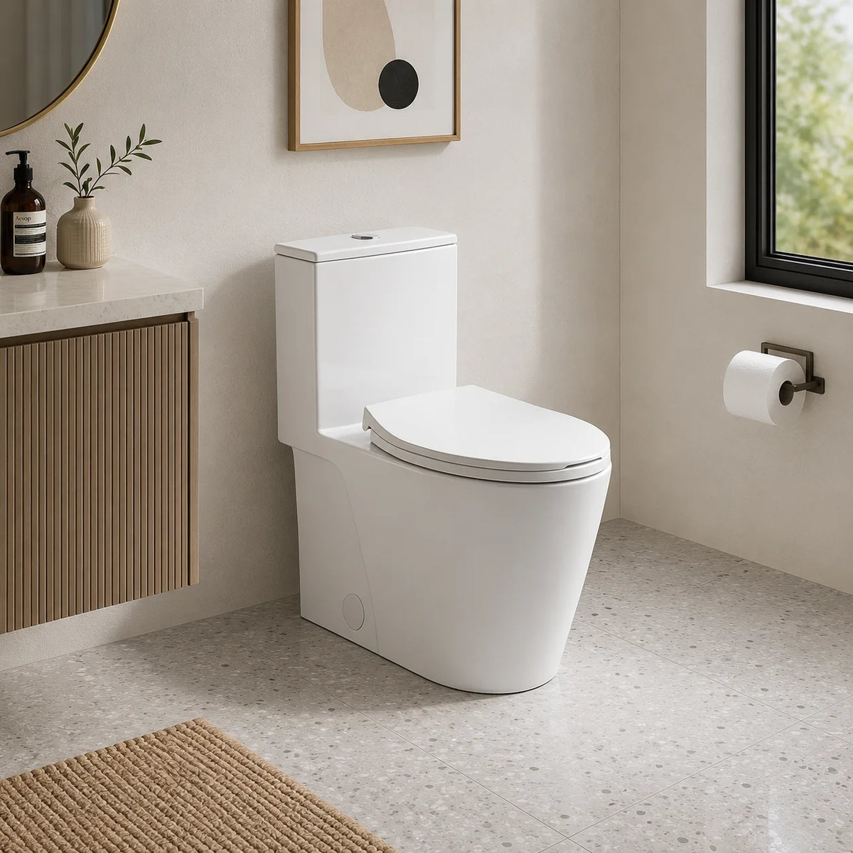 White skirted one-piece dual-flush toilet in a modern bathroom - SANIKB 2026