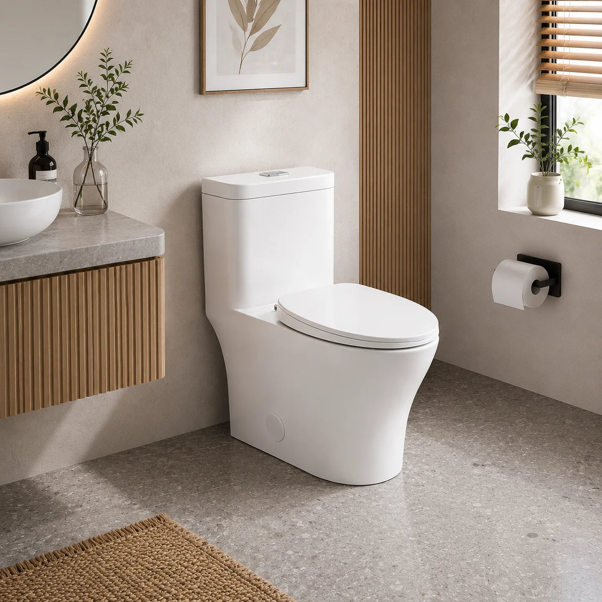 White skirted one-piece dual-flush toilet in a modern bathroom - SANIKB 2169