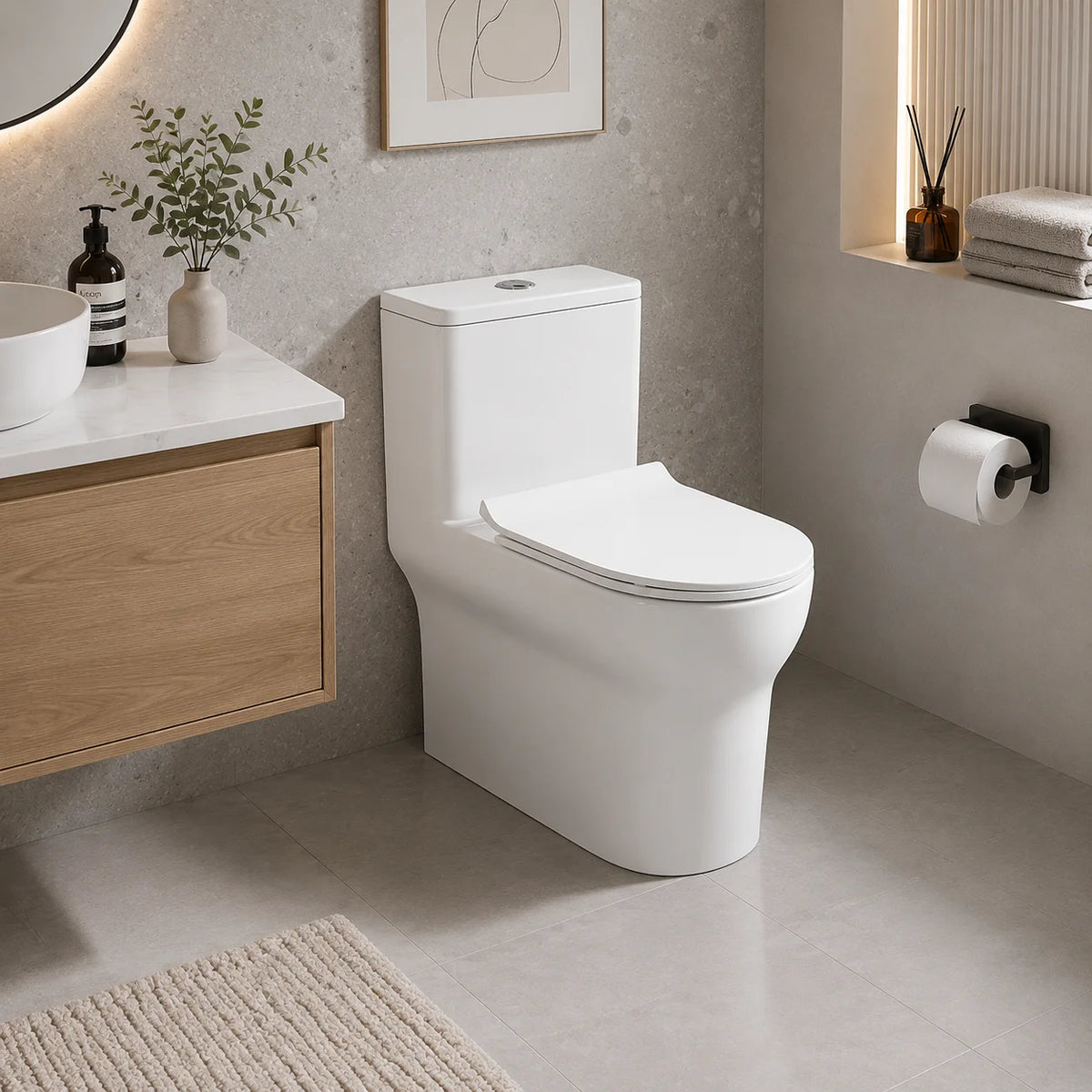 White skirted one-piece dual-flush toilet in a modern bathroom - SANIKB 6618