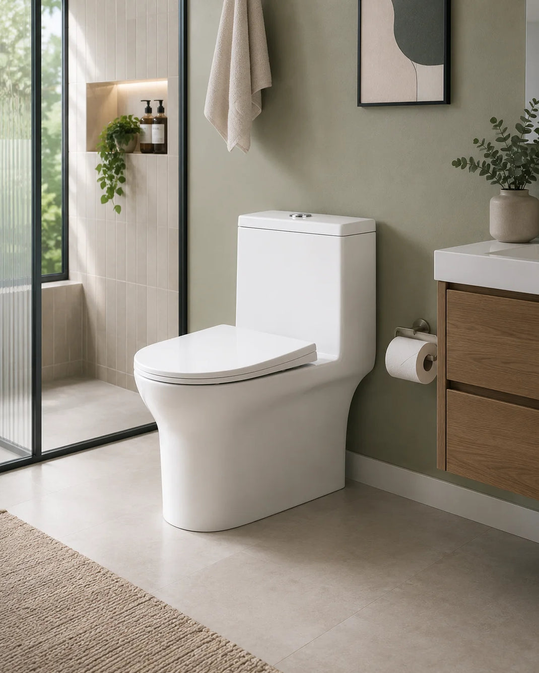 White skirted one-piece dual-flush toilet in a modern bathroom - SANIKB 6629