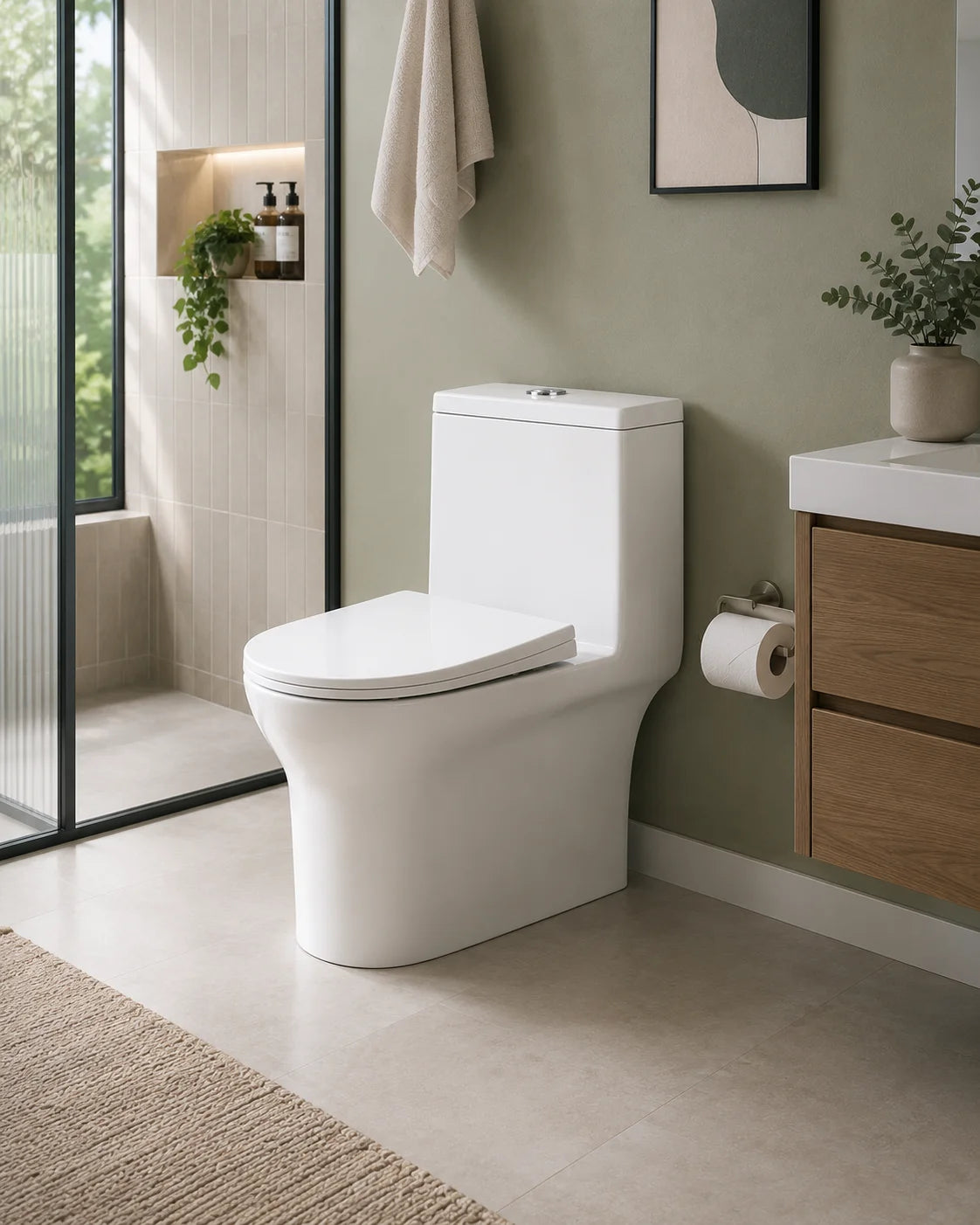 White skirted one-piece dual-flush toilet in a modern bathroom - SANIKB 6629