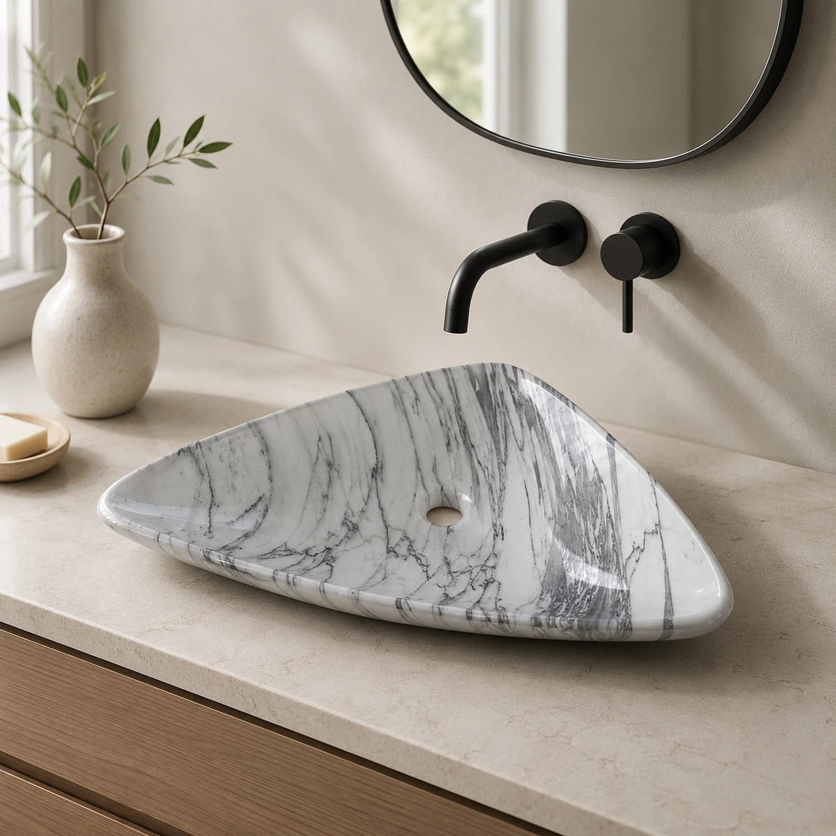 White Veined Marble Triangular Vessel Basin 25.6×15