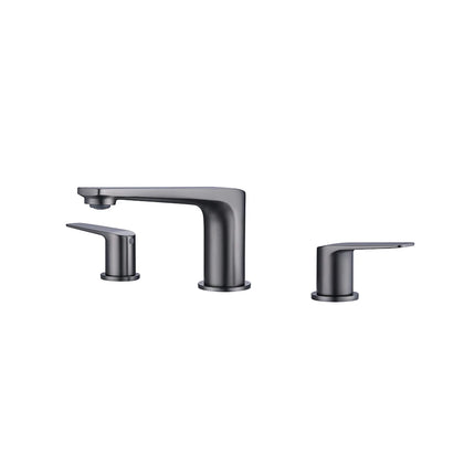 Gunmetal grey widespread bathroom faucet, brass, angular swept spout, tapered levers — SANIKB FYF-01003.
