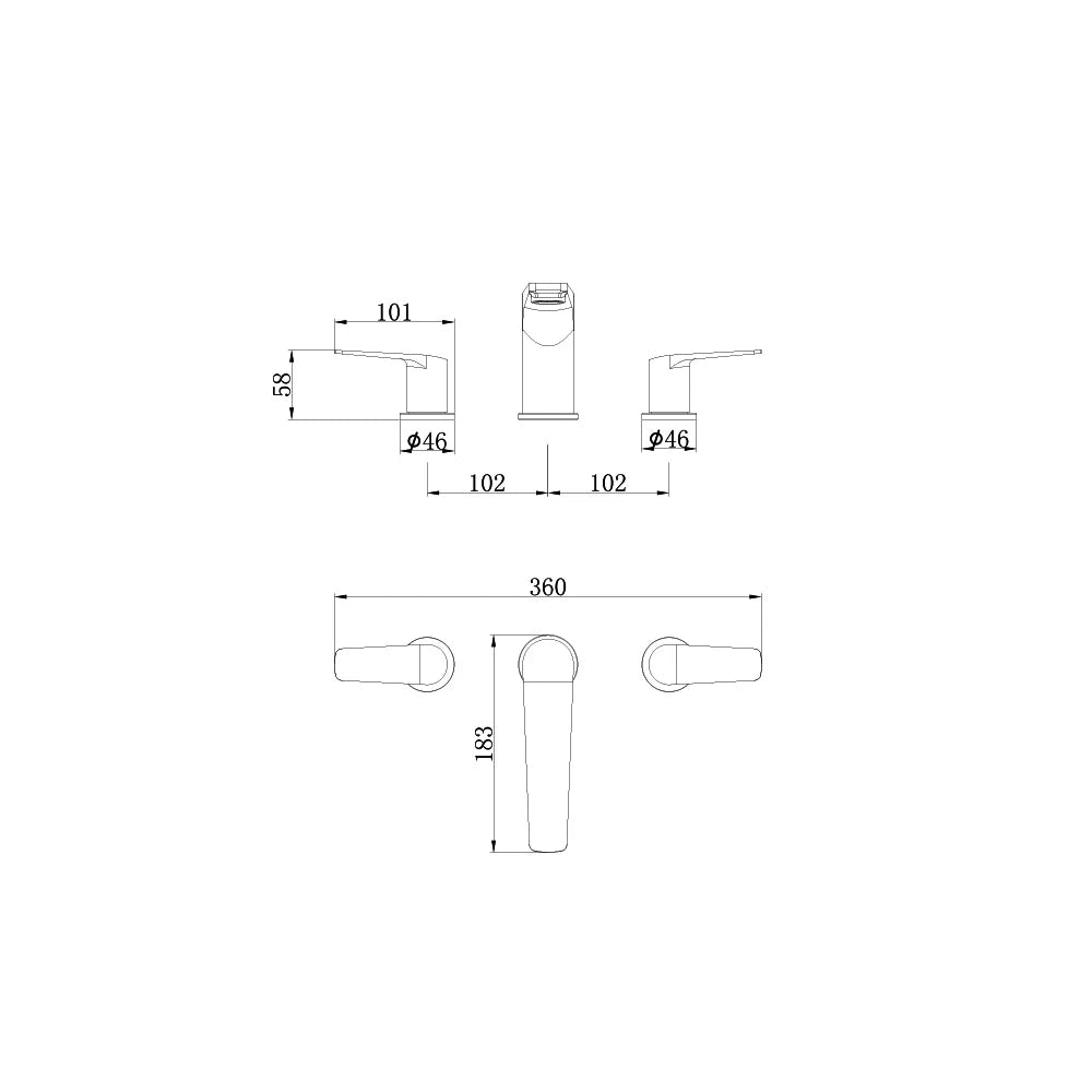 Dimensioned spec drawing for SANIKB FYF-01003 widespread bathroom faucet, 360mm spread, 58mm handle height.