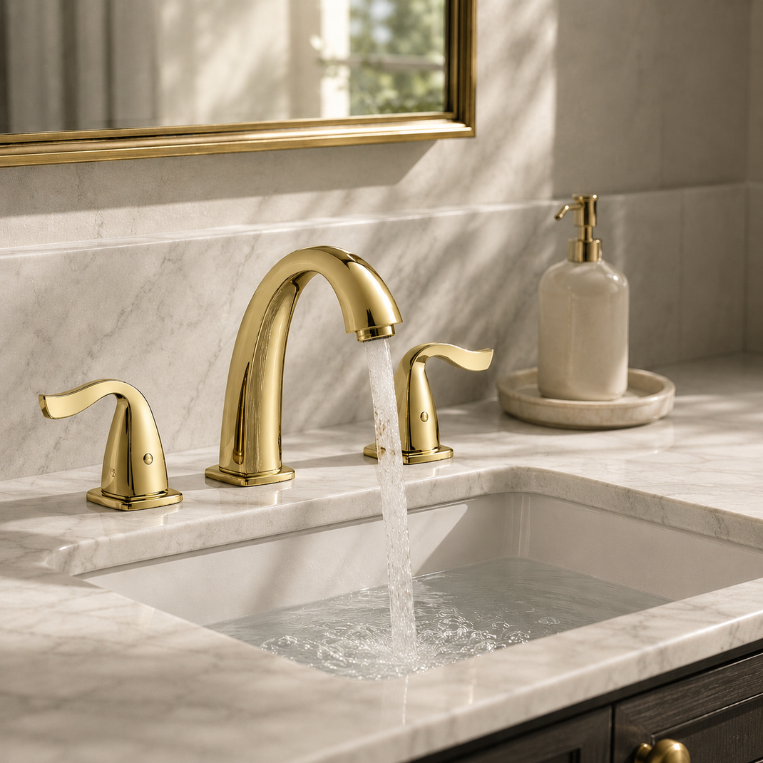 Brass widespread bathroom faucet on a vanity countertop scene | SANIKB OEM/ODM FYF-01303