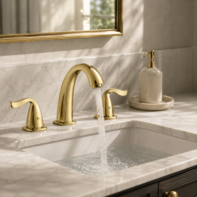 Brass widespread bathroom faucet on a vanity countertop scene | SANIKB OEM/ODM FYF-01303