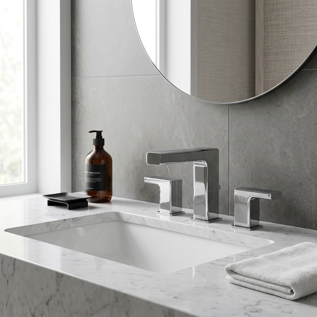 Brass widespread bathroom faucet on a vanity countertop scene | SANIKB OEM/ODM FYF-01417