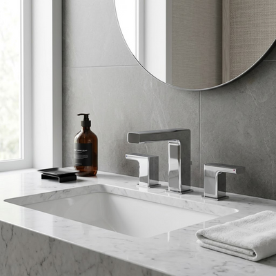 Brass widespread bathroom faucet on a vanity countertop scene | SANIKB OEM/ODM FYF-01417