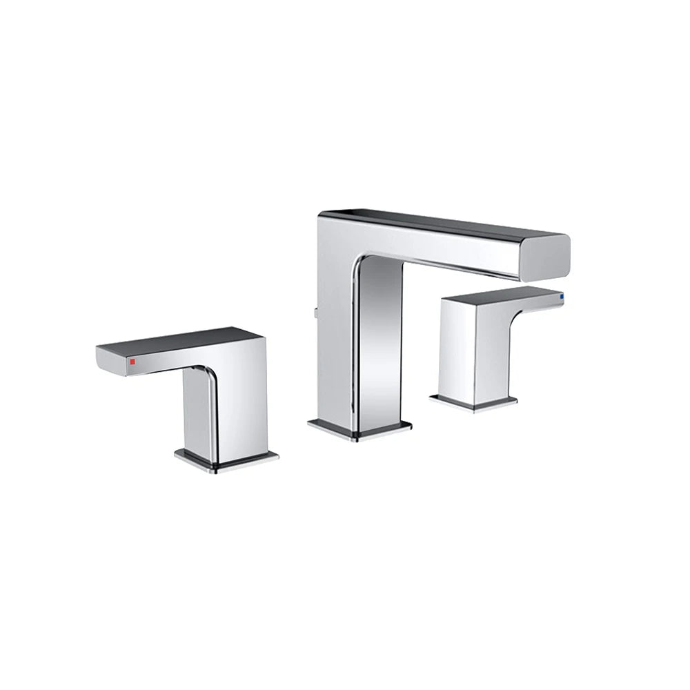 Polished chrome widespread bathroom faucet, brass body, angular square-tube spout, lever handles — SANIKB FYF-01417.