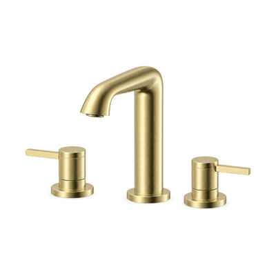 Brushed gold three-hole widespread bathroom faucet with curved flared-tip spout and two pin lever handles — SANIKB B1006 04 43 1