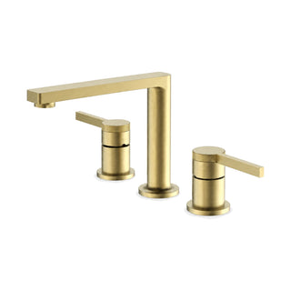 Brushed gold widespread bathroom faucet with flat ribbon spout on round column and two flat lever handles — SANIKB B1003 04 43 1