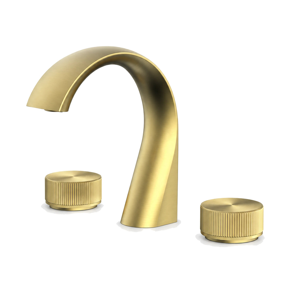 Brushed gold widespread bathroom faucet with sculpted high arched spout and two knurled round knob handles — SANIKB B030 04 43 1