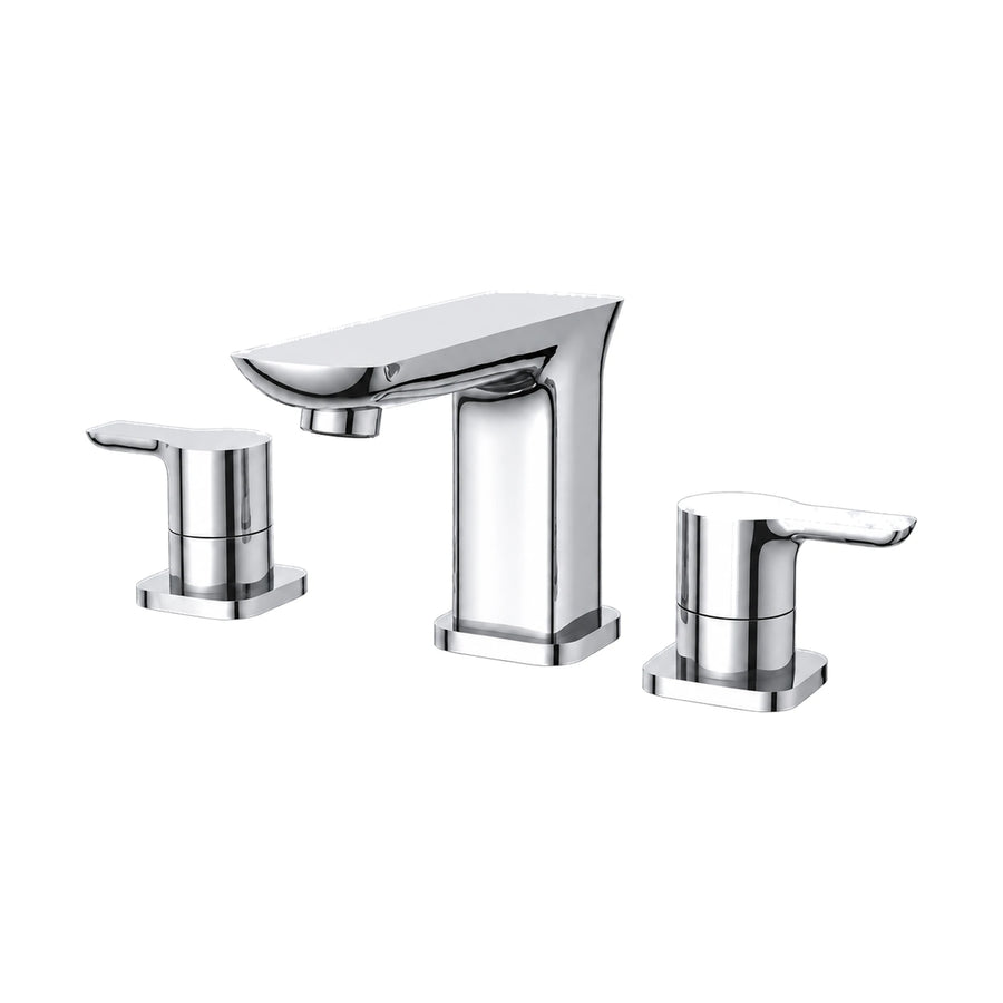 Chrome widespread bathroom faucet with wide flat spout and two flat lever handles on square bases — SANIKB DL-01 318-CP