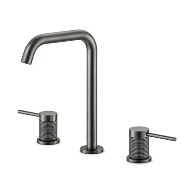 Gun metal grey widespread bathroom faucet with tall right-angle tube spout and ribbed pin lever handles — SANIKB B064 04 45 1