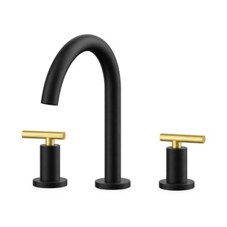Matte black widespread bathroom faucet with high C-arc tube spout and brushed gold T-lever handles — SANIKB B015 04 47 1