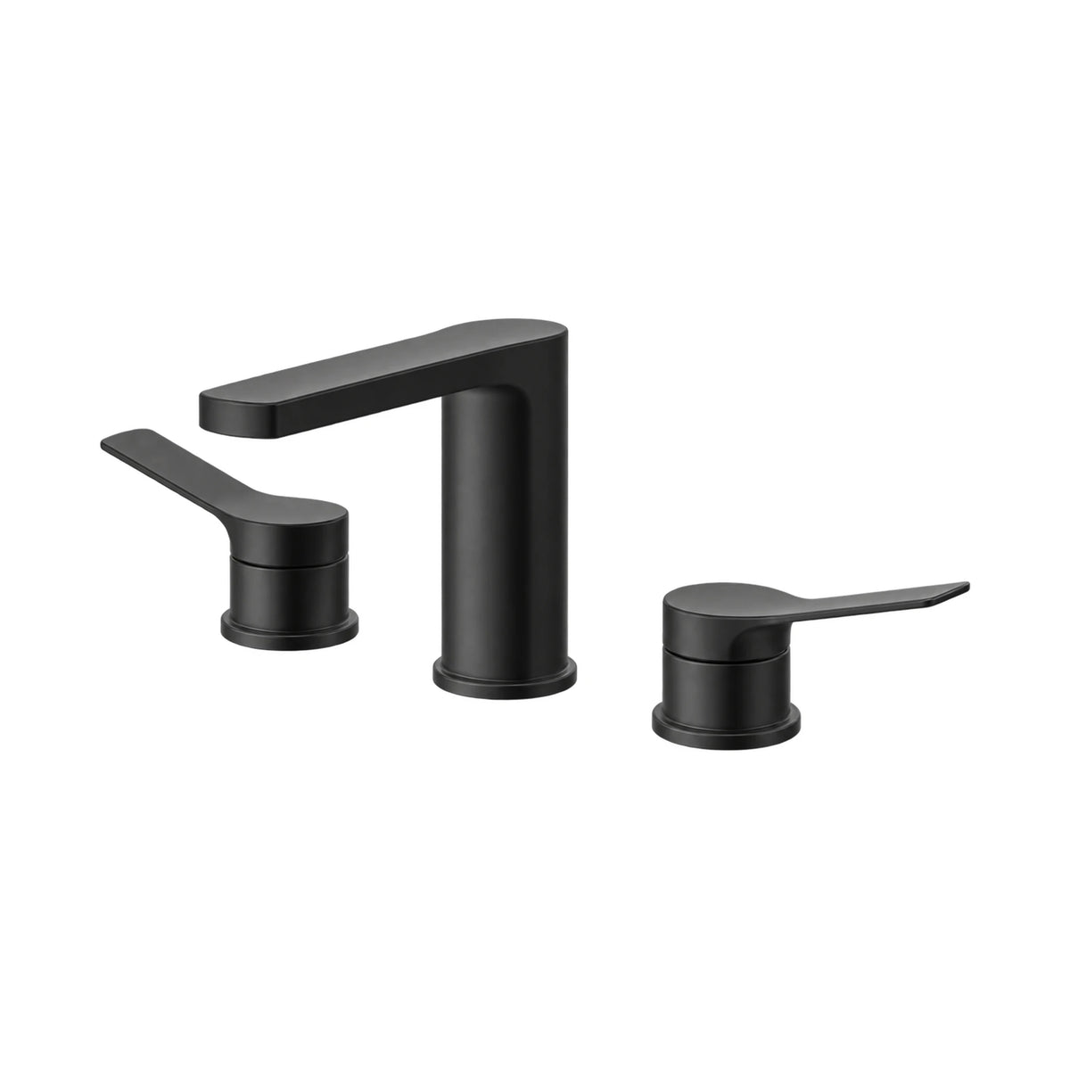 Matte black widespread bathroom faucet with flat rectangular spout and two curved blade lever handles — SANIKB B091 04 31 1