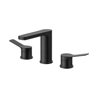 Matte black widespread bathroom faucet with flat rectangular spout and two curved blade lever handles — SANIKB B091 04 31 1