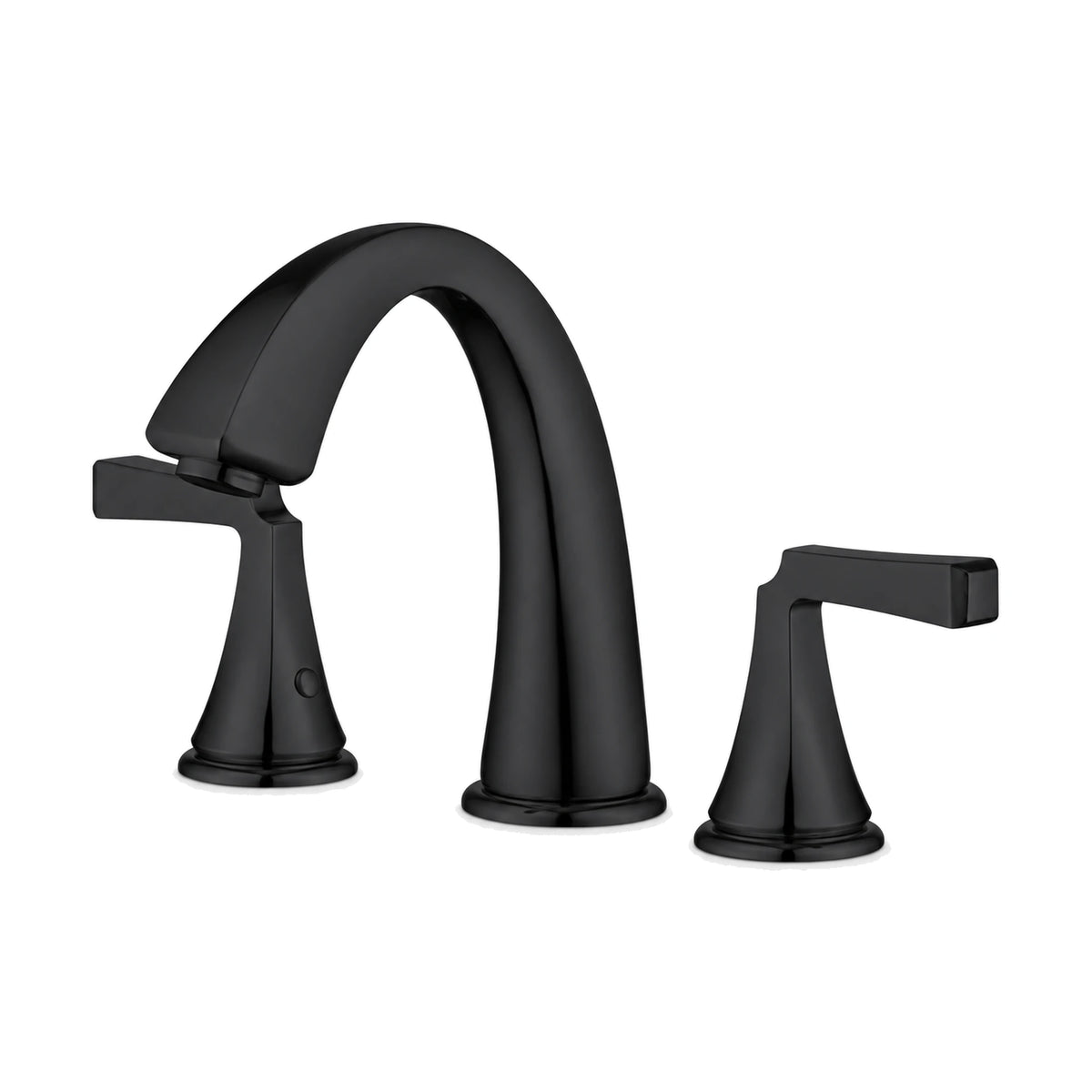 Matte black widespread bathroom faucet with high arched spout on a flared base and two straight flat levers — SANIKB DL-01 303-BK