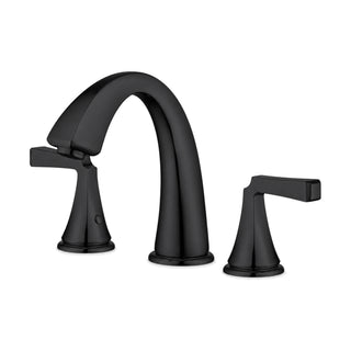 Matte black widespread bathroom faucet with high arched spout on a flared base and two straight flat levers — SANIKB DL-01 303-BK