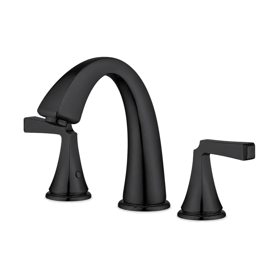 Matte black widespread bathroom faucet with high arched spout on a flared base and two straight flat levers — SANIKB DL-01 303-BK