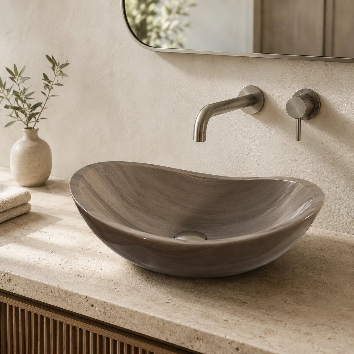 Wooden-Vein Marble Boat-Shaped Vessel Basin 18.1×14.2