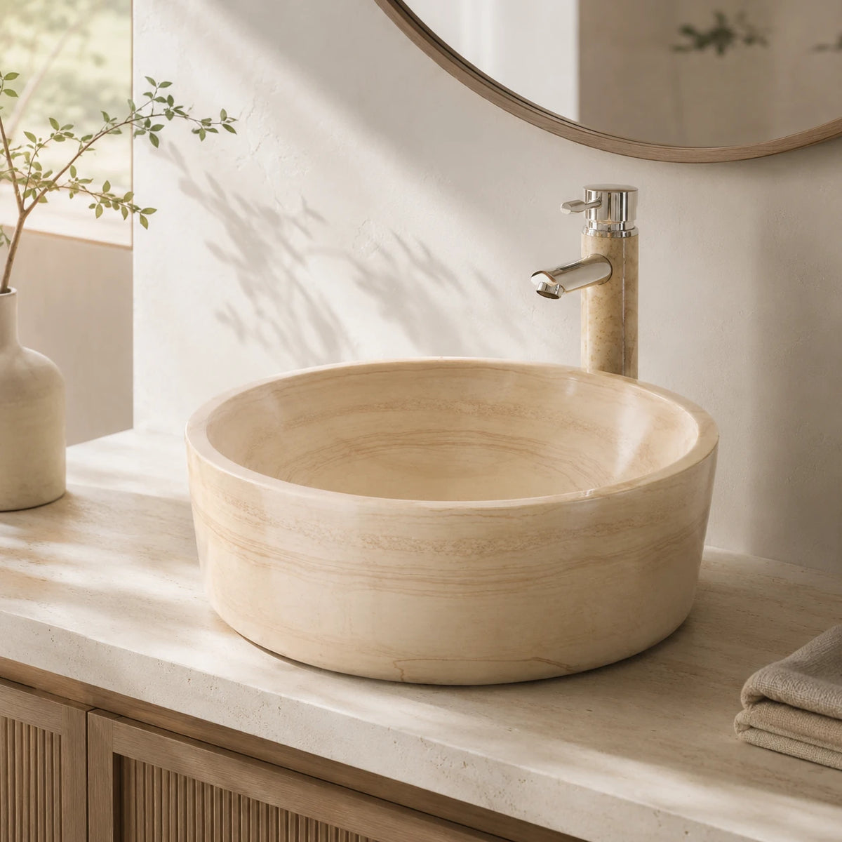 Wooden Vein Marble Deep Round Vessel Basin 16.5×5.5