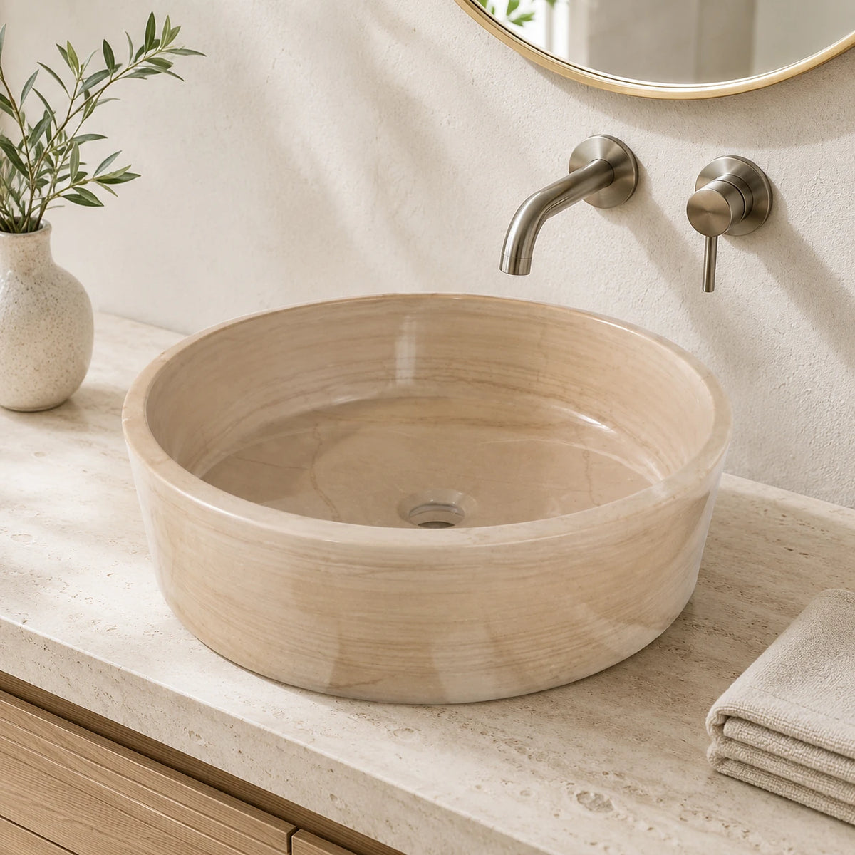 Wooden Vein Marble Round Vessel Basin 16.5×5.5