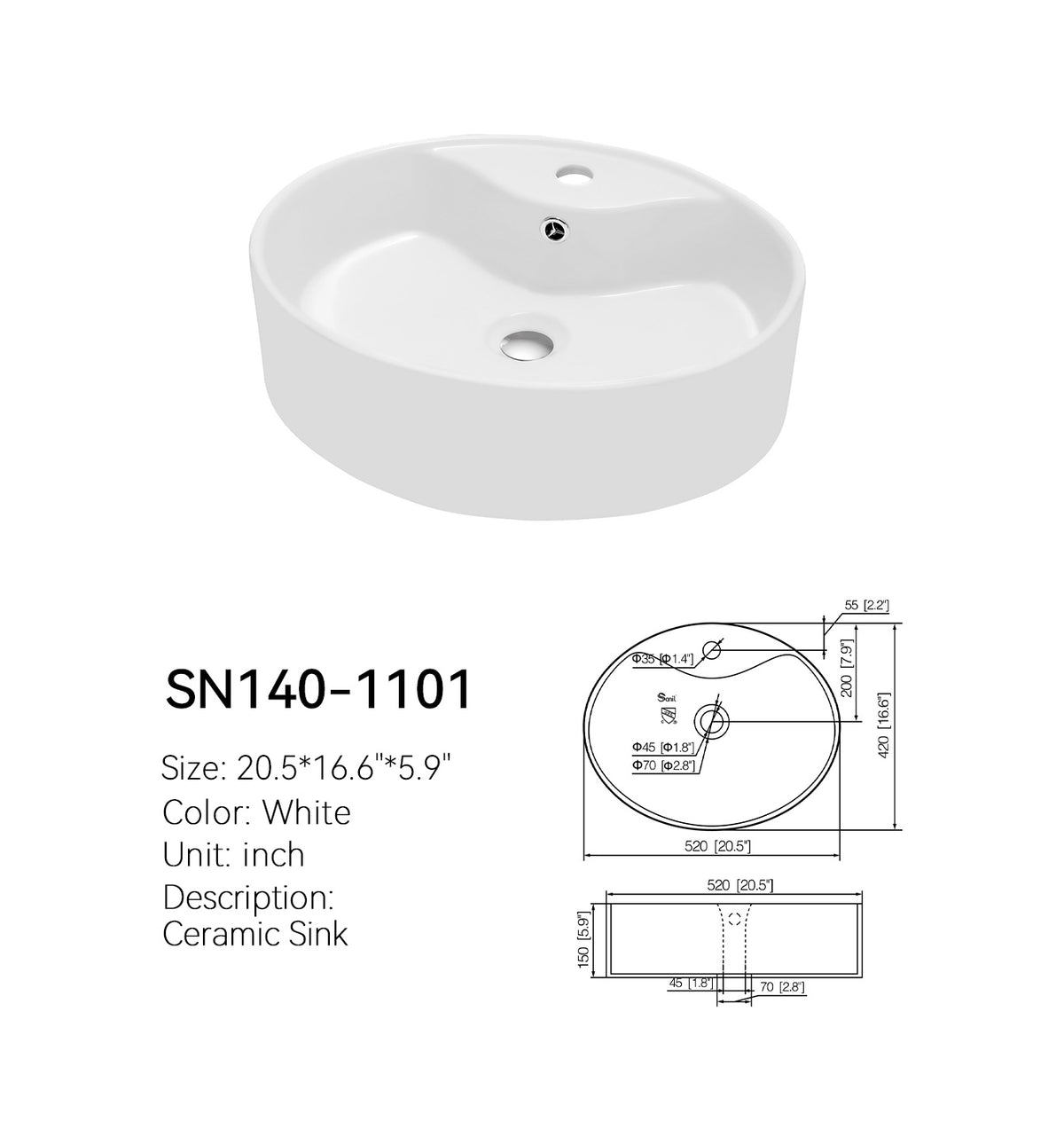 Overhead view of the SN140-1101 20.5-inch oval ceramic vessel sink with faucet deck in glossy white, showing the basin interior