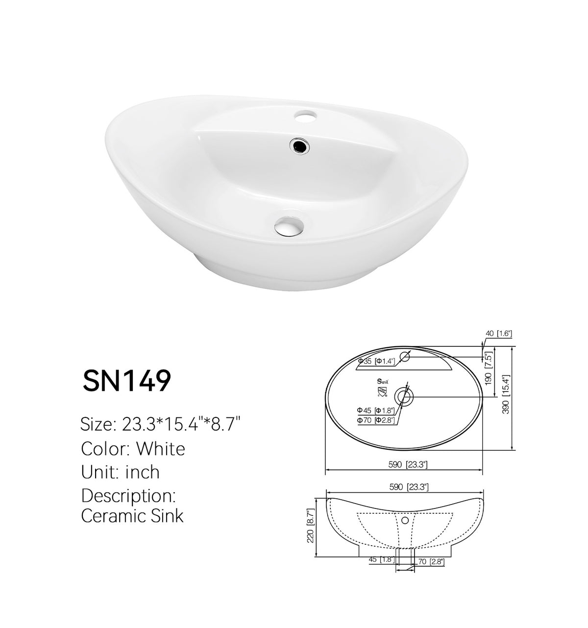 SANIKB SN149 23 inch oval ceramic vessel sink with faucet deck, white, with dimensioned spec drawing