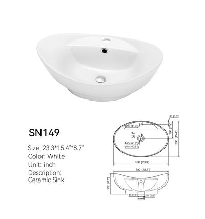 SANIKB SN149 23 inch oval ceramic vessel sink with faucet deck, white, with dimensioned spec drawing