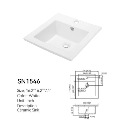 SN1546 white square ceramic vanity sink, 16.2 x 16.2 in drop-in basin with single faucet hole and center drain, with dimensioned spec drawing.