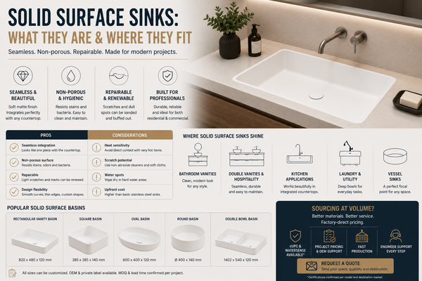 Solid surface sink materials, benefits, drawbacks, and commercial applications