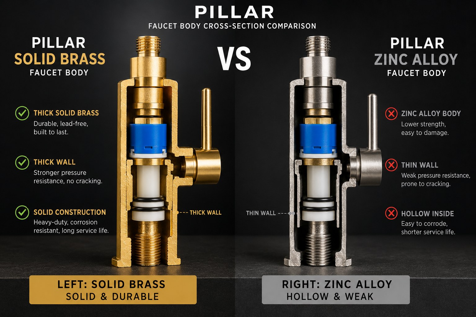 Cut-away comparison of a solid-brass faucet body versus a zinc-alloy body, SANIKB solid-brass line