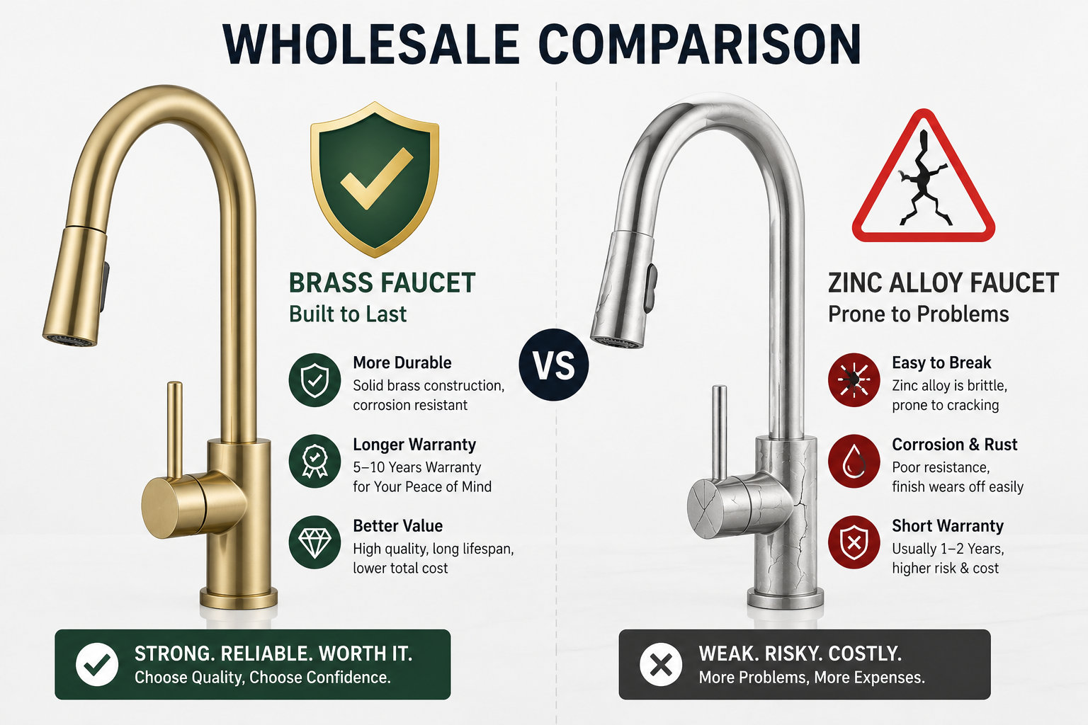 Diagram comparing solid-brass and zinc-alloy faucet bodies and their corrosion and warranty impact