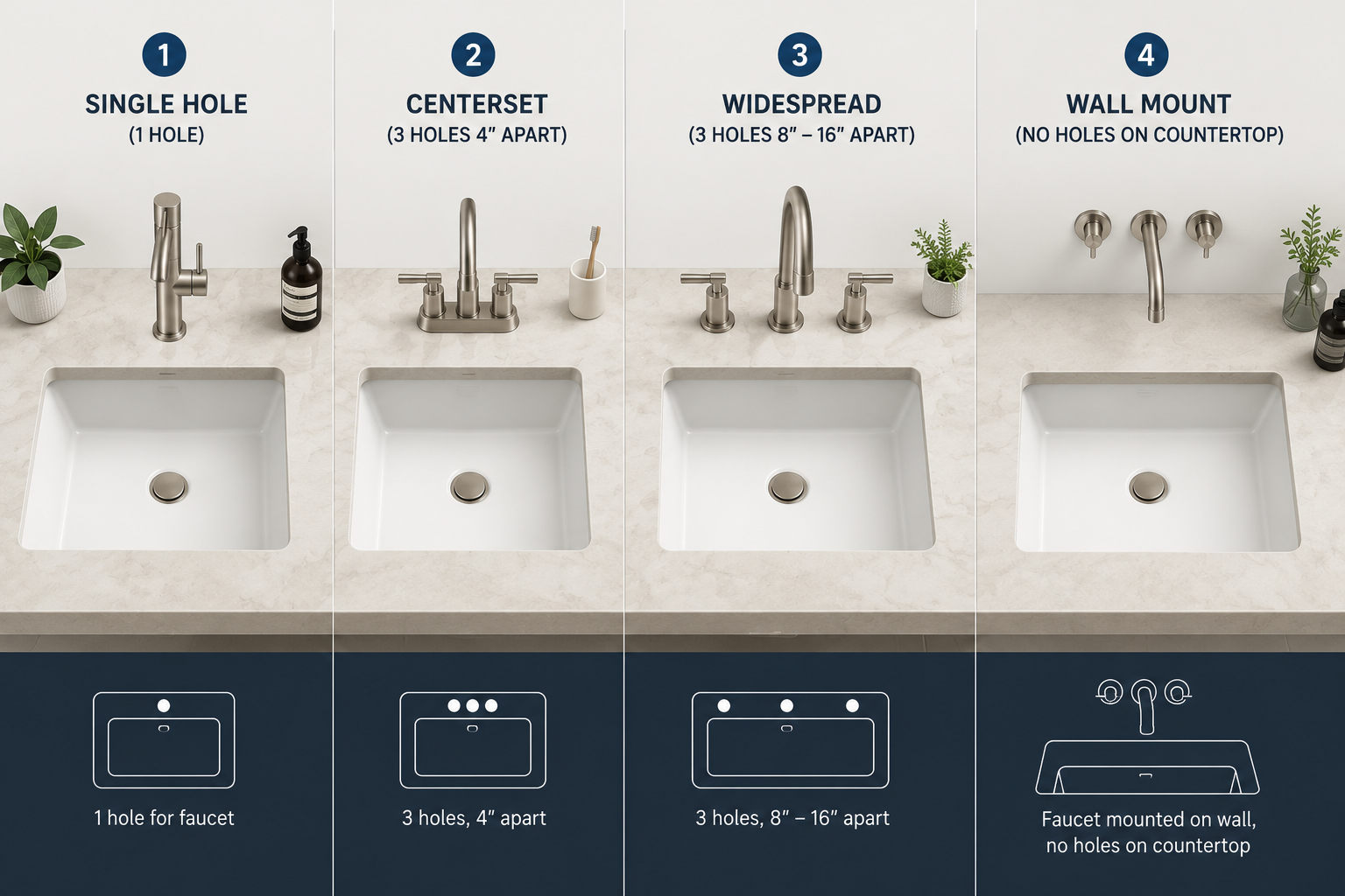 Diagram comparing single-hole, centerset, widespread and wall-mount bathroom basin faucet deck configurations