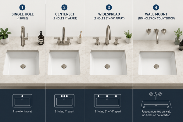 Diagram comparing single-hole, centerset, widespread and wall-mount bathroom basin faucet deck configurations