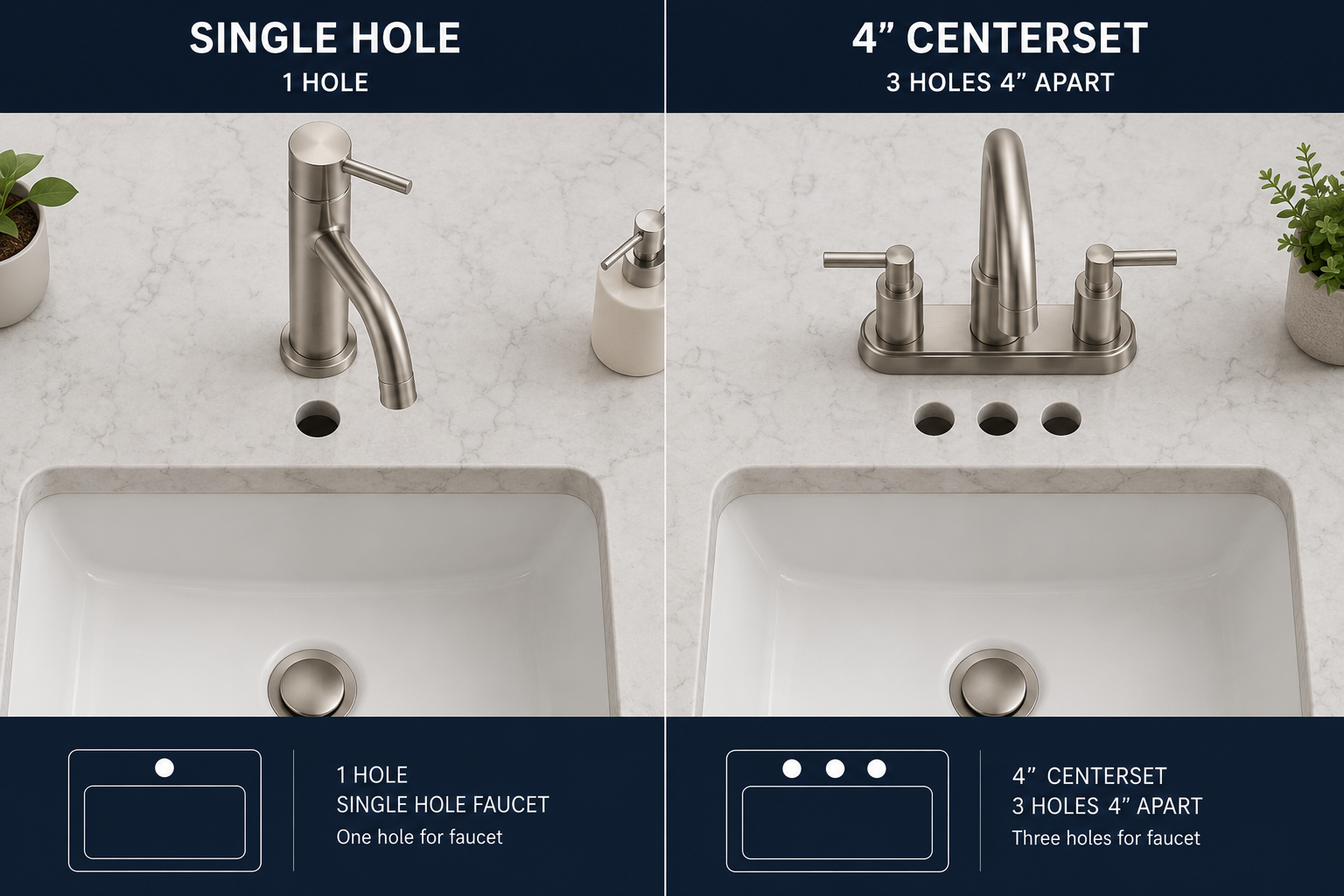 Diagram comparing single-hole and 4-inch centerset bathroom faucet deck drilling and hole spacing