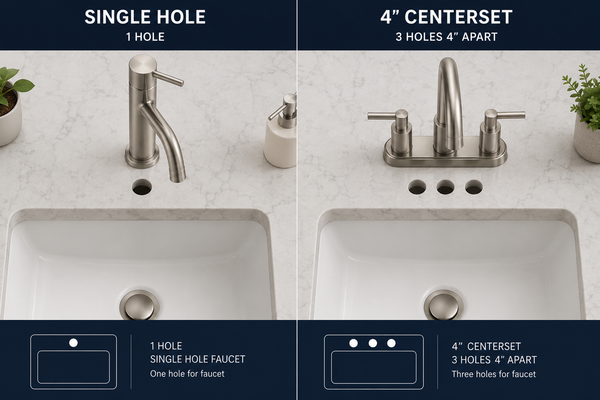 Diagram comparing single-hole and 4-inch centerset bathroom faucet deck drilling and hole spacing