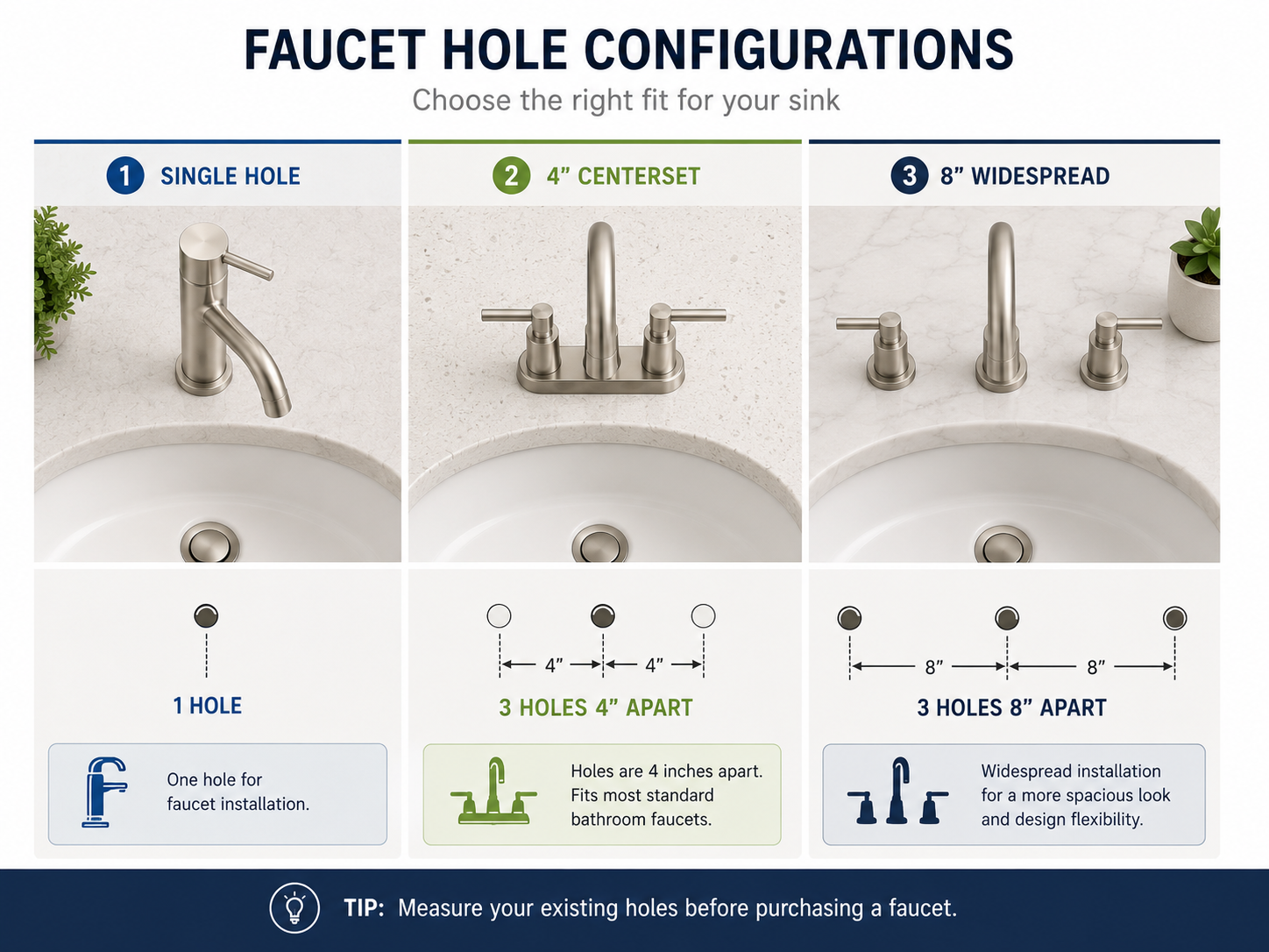 Diagram comparing widespread 8-inch, centerset 4-inch and single-hole bathroom faucet hole spacing