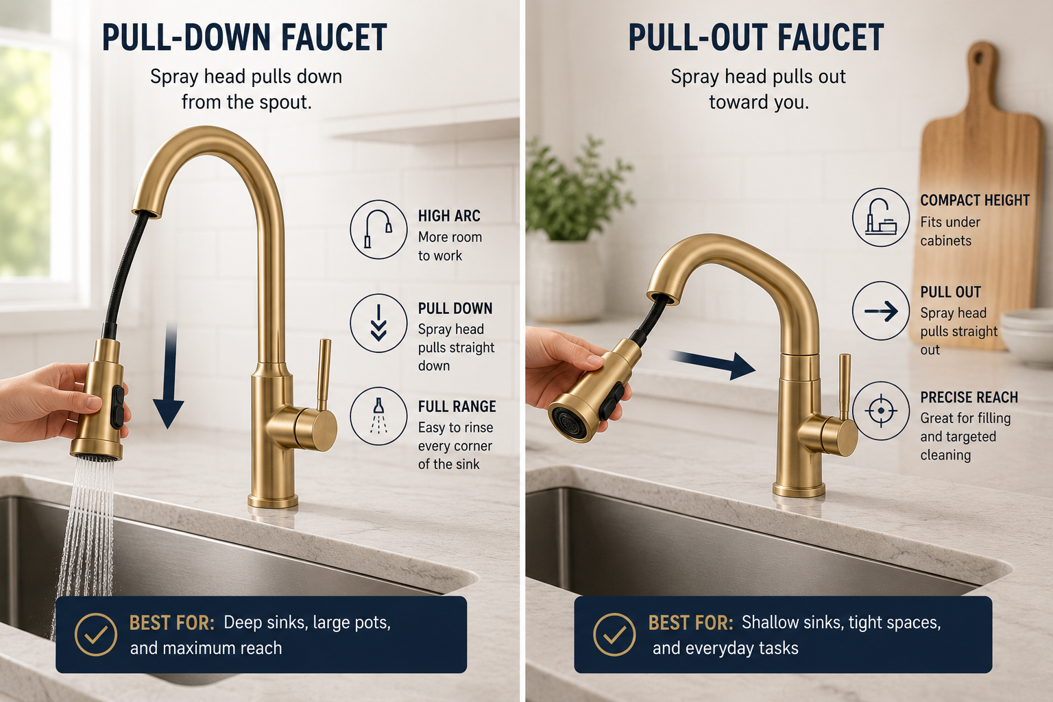 Comparison of a SANIKB pull-down kitchen faucet versus a pull-out kitchen faucet showing spray-head travel