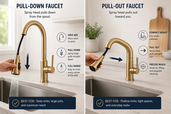 Comparison of a SANIKB pull-down kitchen faucet versus a pull-out kitchen faucet showing spray-head travel