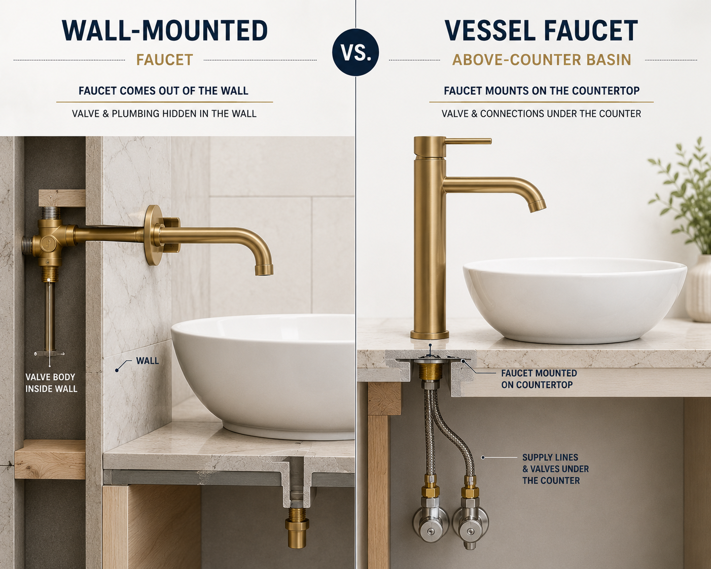 Cross-section comparing a wall-mount faucet with an in-wall valve to a deck-mounted vessel sink faucet