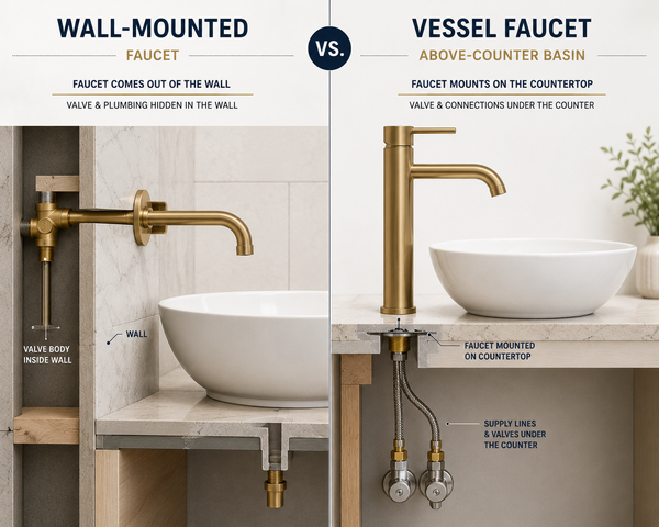 Cross-section comparing a wall-mount faucet with an in-wall valve to a deck-mounted vessel sink faucet