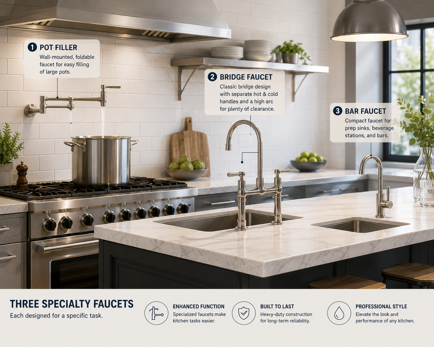 SANIKB pot filler, bridge and bar faucets shown together in a commercial kitchen layout