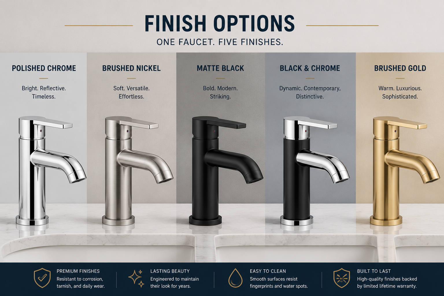SANIKB solid-brass faucet shown in chrome, brushed nickel, matte black, black-and-chrome and brushed gold finishes