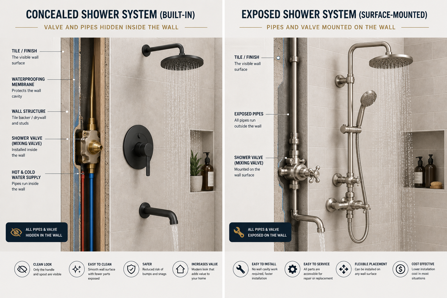 Diagram comparing a concealed in-wall shower faucet rough-in with an exposed wall-mounted shower system