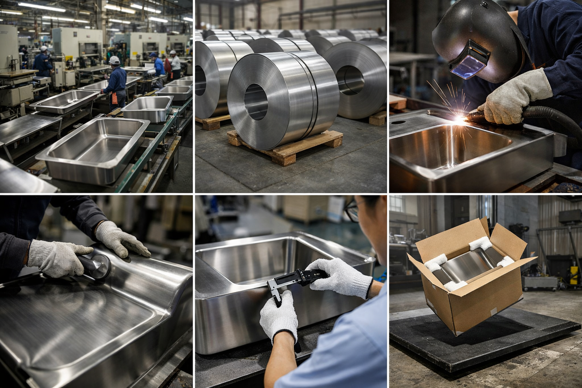 Inside a stainless steel sink manufacturer showing materials, process and QC